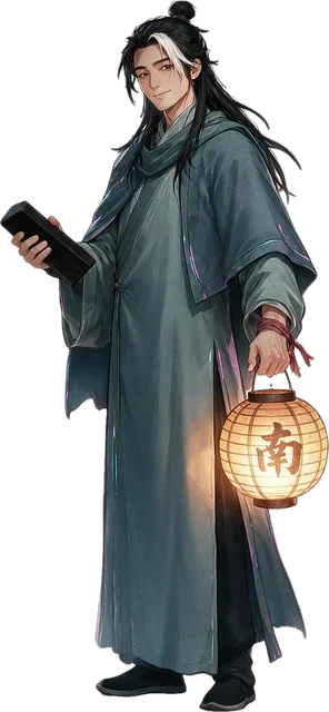 王安之:长衫短氅、右鬓一缕白发,一手醒木一手雾灯。